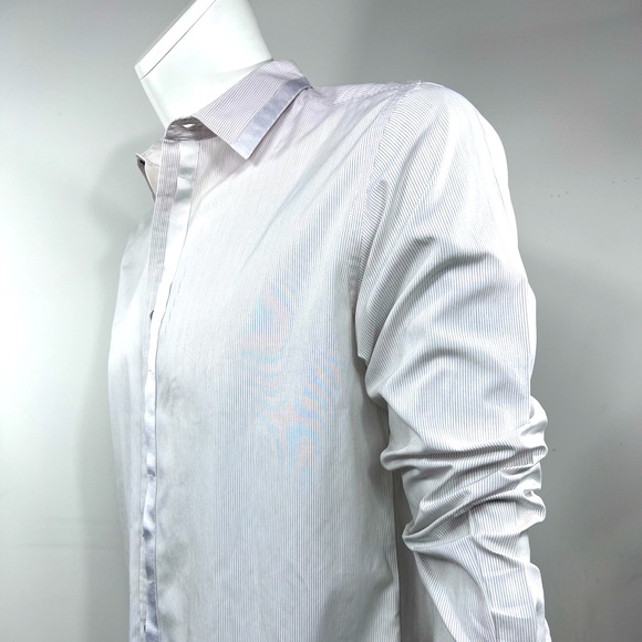 MATERIAL LONDON, 100% COTTON MENS LONG SLEEVES WHITE SHIRT WITH THIN STRIPES - Picture 4 of 13